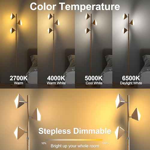 PARTPHONER RGB Tree Floor Lamp for Living Room, Stepless Dimmable Tall Standing Lamp with Remote, Touch Control and 3 Rotatable Light, Bright LED Lights for Bedroom with 4 Color-Changing, Gold