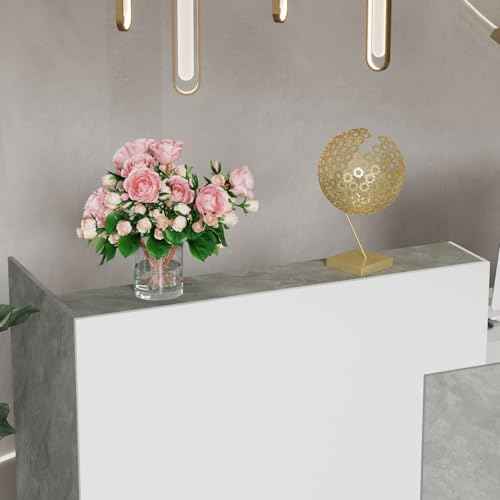 FAMAPY Reception Desk with Shelves, Modern Reception Table with Storage, Front Counter Checkout Table Retail Counter for Lobby Shop, White and Grey, 23.6¡±D x 86.6¡±W x 43.3¡±H
