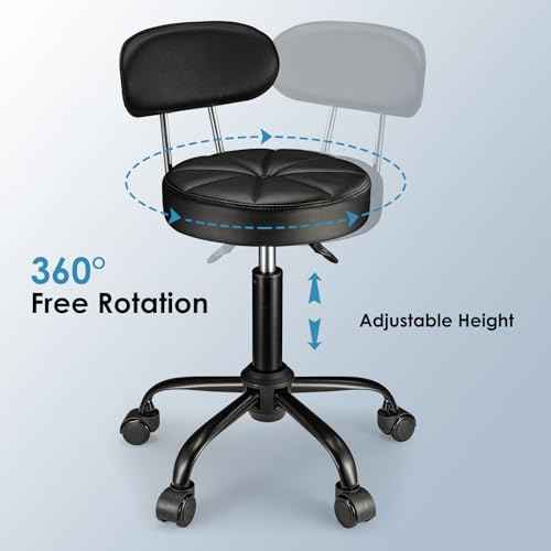 PU Leather Rolling Stool with Back Support Height Adjustable Swivel Stool Chair with Wheels Drafting Chair for Spa Slaon Massage Black
