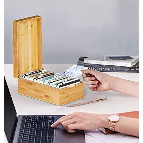 Neando Bamboo Index Card Holder for 3x5 Cards ? Wooden Organizer with Lid, 4 Compartments, 600-Card Capacity, Includes 20 Thick Index Cards & 200 Note Cards? Natural Desktop Filing Box
