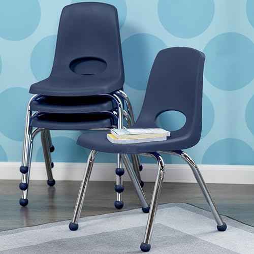 FDP 14" School Stack Chair, Stacking Student Seat with Chromed Steel Legs and Ball Glides; For In-Home Learning or Classroom - Navy (4-Pack), 10380-NV