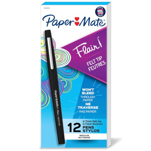 Paper Mate Flair Felt Tip Pens Black 12 Pack - Medium Point, Smear-Resistant