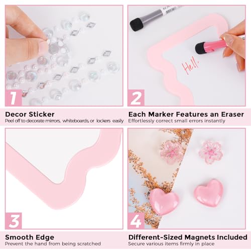 SKYDUE 10-Piece Locker Accessories Kit for Girls - Pink Organizer Set with Mirror, Whiteboard & Stickers