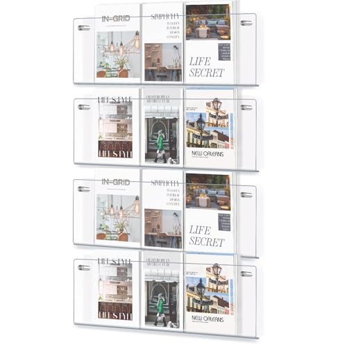 4 Pack 21" Clear Acrylic Magazine Holder Wall Mount Hanging Bookshelf Magazine Rack Brochure Holder for Waiting Room, Living Room, Office, Home Display