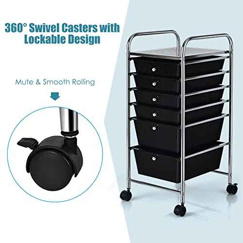 6-Drawer Rolling Storage Cart, Multifunctional Storage Organizer Cart with Wheels, Mobile Utility Cart for Home Office Garage Tools (Black)