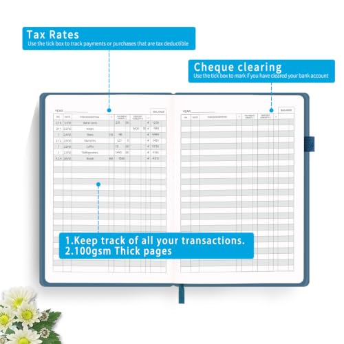Blugool Checkbook Register 5.8 x 8.3 in Blue – 2834 Entries, 180° Flat, with Pen Loop & Pocket