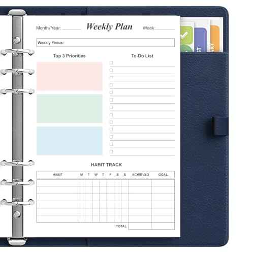 Weekly Planner Refills for A5 Binders - 53 Sheets/106 Pages Undated Colorful Weekly Planner, 6-Hole Punched, 100 gsm White Paper, Lasts 1 Year, Undated, 5.8" x 8.3"