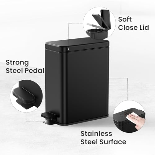 Cesun Small Bathroom Trash Can with Lid, 2.6 Gallons, Black, Soft Close