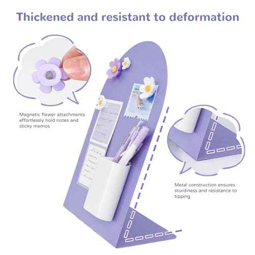 Desk Magnetic Message Board, Metal Bulletin/Memo Board with Magnetic Pen Holder and Flower Pins with Stand, Souvenir/Photo Display Board for Home, Office, Dormitory, Apartment, 8 * 11Inch