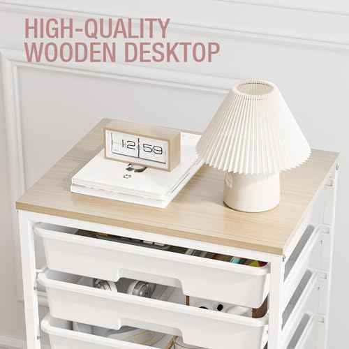 Storage Cart with 8 Drawers, Utility Cart with White Drawers and Wooden Tabletop, Craft Cart, Teacher Organization for Classroom,White