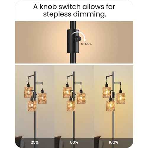 Dimmable Floor Lamp, Farmhouse Tall Standing 70.3" Tree Lamp with 3 Rope Woven Lampshades, Boho Rattan Floor Lights, 4W 3 LED Bulbs Included, for Living Room, Bedroom, Study, Office B03LD05
