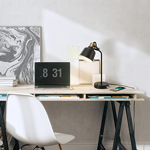 GLOBE Electric 30297 Dakota 18" Desk Lamp with 2.1 USB Port, Matte Black, Brass Accents, Push Button On/Off Switch