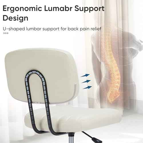 DUMOS Small Armless Home Desk Chair with Low Back Lumbar Support, Height Adjustable PU Leather Computer Task Chair with 360¡Æ Swivel Wheels, for Small Space, Kids and Adults, Beige White