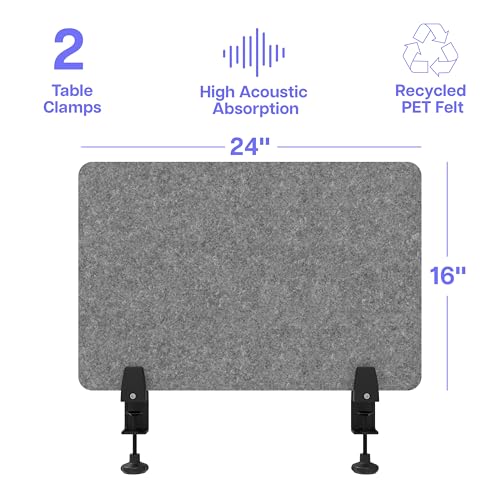 ReFocus 24" x 16" Castile Gray Clamp-On Acoustic Desk Divider — Noise-Reducing PET Privacy Panel
