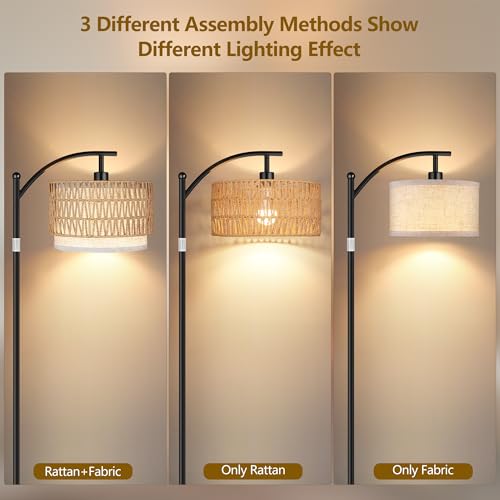 ROTTOGOON Arc Floor Lamps for Living Room, Boho Farmhouse Floor Lamp with Remote & Dimmable Bulb, Standing Lamp with Rattan & Fabric Shades, Adjustable Tall Lamp for Bedroom Office-Black