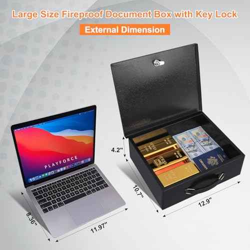 KYODOLED Fireproof Document Box with Key Lock, Large Safe Storage Box for Valuables, Fire Resistance Security Chest, Lock Box for Passport, Cash, Tablet 12.9'' x 10.7'' x 4.2'' Black
