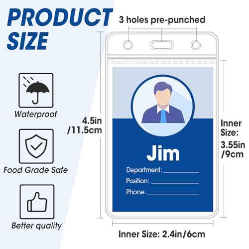 100 Pcs Vertical Badge Holders, Waterproof ID Badge Holder, Clear ID Card Holder with Resealable Zip for Proximity Cards, RFID, Credit Cards