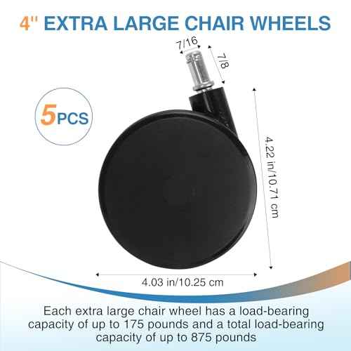 5 Pcs 4'' Extra Large Chair Wheels, Large Office Chair Wheels, Heavy Duty Office Twin Chair Casters Replacement 7/16 x 7/8 Grip Ring for Furniture Hardwood Floor Computer Desks