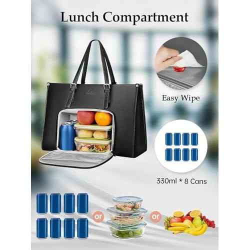 MATEIN 17 Inch Laptop Tote Bag for Women with Lunch Compartment, PU Leather Convertible Work Briefcase for Business, Professional Teacher Computer Handbags with Lunch Box for Office, Commute, Black