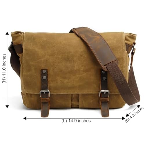 HuaChen Mens Messenger Bag, Vintage Genuine Leather Waxed Canvas Shoulder Bag for 14" Laptop,Rugged Briefcase Satchel