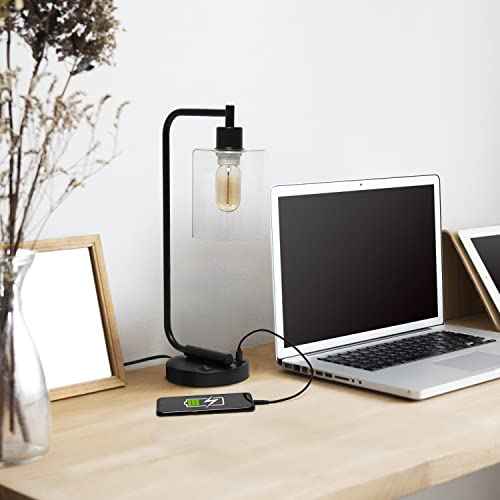 Simple Designs LD1066-BLK-LB Industrial Vintage Bronson Iron Lantern Desk Table Lamp with USB Port and Glass Cylinder Shade for Office, Living Room, Bedroom, Black, with Feit LED Bulb Included
