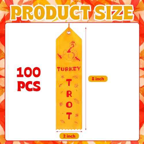 100 Pcs Thanksgiving Turkey Trot Award Ribbons Bulk 2 x 8 Inch Thanksgiving Turkey Medal Ribbons with Card and String Thanksgiving Turkey Race Prizes Ribbons for Tournament Party Family