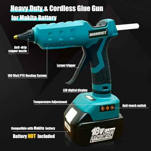 MONVICT 100W Cordless Glue Gun for Makita 18V Battery, Upgraded Digital Temperature Adjustable Handheld Electric Power Full Size Heavy Duty Hot Glue Gun with 10 Glue Sticks (Battery Not Included)