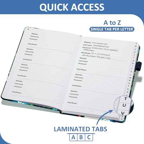 Password Book with Individual Alphabetical Tabs Laminated, Large Print Password Keeper Book for Seniors, A5 Hardcover Internet Password Log Book to Record Website Login Details - Bloom