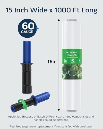 FugaCity 1 Pack Heavy Duty Shrink Wrap with Handles - 15 Inch x 1000ft, 60 Gauge Industrial Stretch Plastic Film