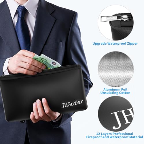 JHSafer Black 11"x6.3" 6400°F Fireproof Money Bags with Zipper (Set of 2)