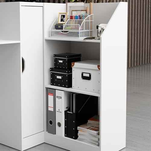 WOODTIME Reception Desk with Counter, Colored LED Light, Glass Front & Open Shelves, Retail Counter with Adjustable Glass Shelves, Checkout Front Desk for Office Clinic Lobby Salon, White