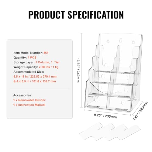 VEVOR 8.5 x 11 Inch Acrylic Brochure Holder 4-Tier Display Stand with Removable Dividers