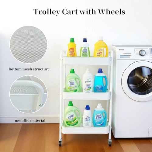 Metal 3 Tier Rolling Cart with Wheels for Kitchen Storage & Laundry Room Organization, Bedside Cart with Handle and 4 Hooks, Versatile Large Capacity Art & Craft Storage Organizer, White
