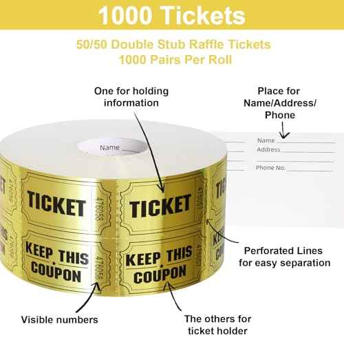 ceiba tree 1000 Raffle Tickets Gold Double Roll Metallic Gold Foil Ticket for Events Carnivals Entry Class Reward Prizes