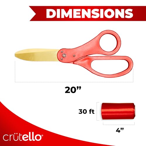 Crutello Grand Opening Ribbon Cutting Kit - Giant Gold Scissors with Red Handle & 30ft Red Ribbon 4"Wide