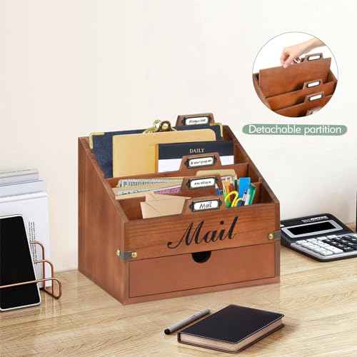 Wood Mail Organizer Countertop, Desktop Mail Organizer with 4 Compartments and Drawer, Mail Holder File Organizer Wall Mount, Desk Accessories & Workspace Organizers, File Paper Holder