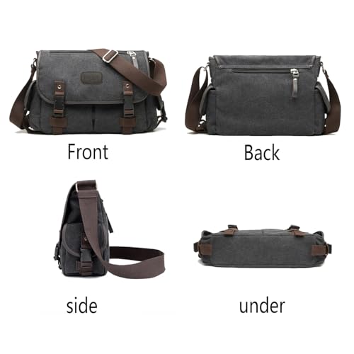[Upgraded] Vintage Canvas Messenger Bag 13 15.6 17 inches Large Book Laptop Shoulder Bag Women Men New (Black, Large)