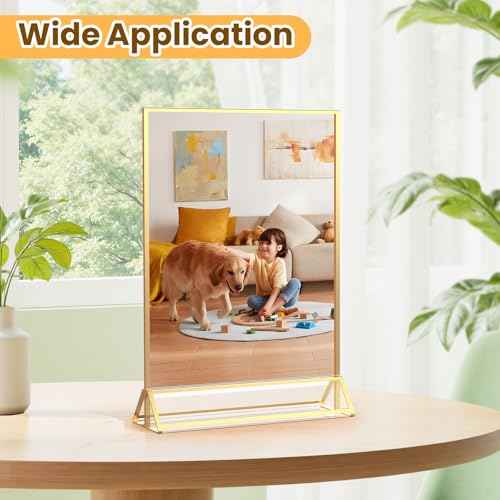 Acrylic Sign Holder 8X10 Gold Frames Double Sided Sign Stand for Picture Frames Wedding Table Number Menu Holder Flyer holder Diaplay Stand with Removable Dot Stickers -6 Pack
