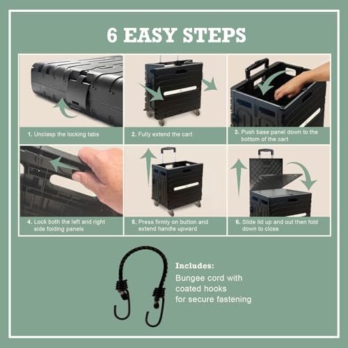 Inspired Living Collapsible Folding Utility Cart, Heavy-Duty Rolling Crate with 360¡Æ Wheels, Telescoping Handle, Hidden Lid, Holds 200 Lbs, Black