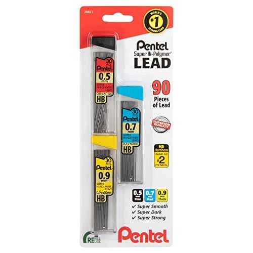 Pentel Super Hi-Polymer Mechanical Pencil Lead Refill - 0.5mm, 0.7mm, 0.9mm - 90 Lead refills (30 of Each Size)