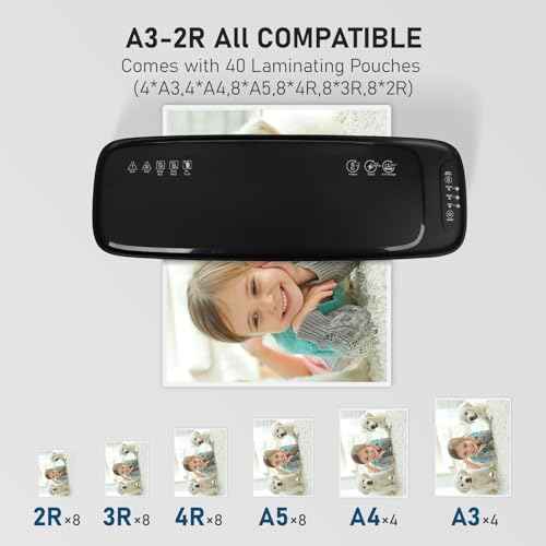 13 Inch A3 Laminator Machine, 9 in 1 Desktop Thermal Never Jam With 40 Pouches, Paper Trimmer and Corner Rounder, 1Min Fast Warm-Up for Home Office School Use, Black