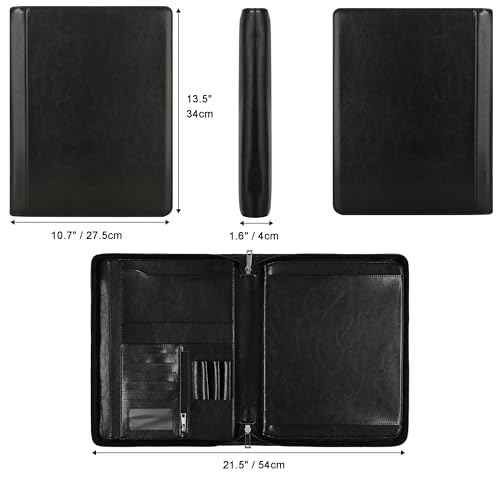 Vegan Leather Portfolio, Zippered Portfolio Binder Personalized Business Padfolio with Tablet Holder for A4 Letter Size Notepad & 13 Inch Laptop/Tablet - Black