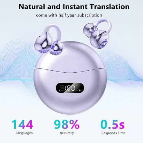 Diydeg AI Translation Earbuds Real Time, 144 Online Language Translator Earbuds, 3 in 1 Wireless Bluetooth Headphones Noise Canceling, HD Sound Atmos, Lightweight Earclip Headphones, Purple