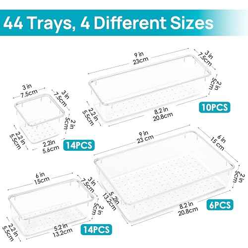 Vtopmart 44 PCS Clear Plastic Drawer Organizers Set, 4-Size Versatile Bathroom and Vanity Organizer Trays, Non-Slip Storage Containers for Makeup, Jewelries, Bedroom£¬Kitchen Utensils and Office
