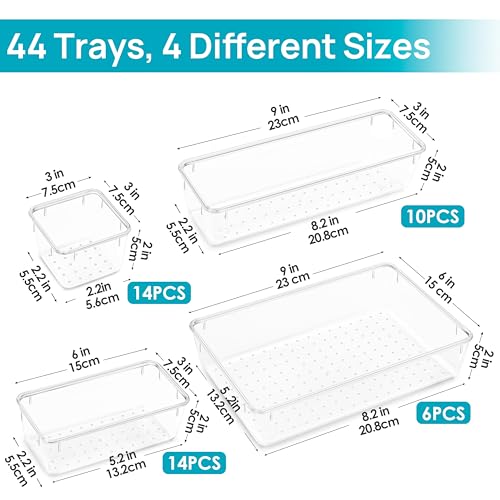 Vtopmart 44-Piece Clear Plastic Drawer Organizer Set, Vanity & Kitchen Storage