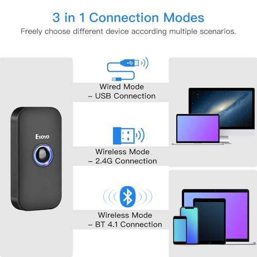 Eyoyo Mini 1D Bluetooth Barcode Scanner, 3-in-1 Bluetooth & USB Wired & 2.4G Wireless Barcode Reader Portable Bar Code Scanning Work with Windows, Android, iOS, Tablets or Computers