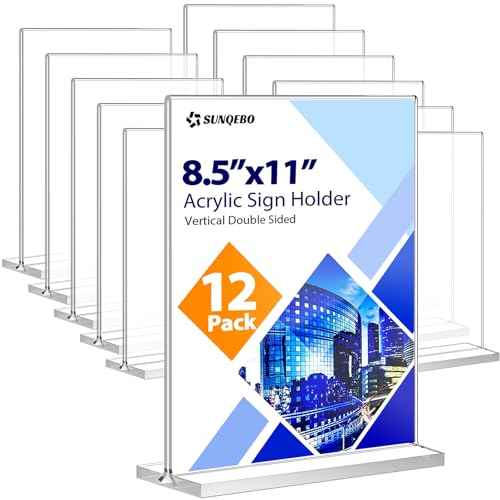 12 Pack Acrylic Sign Holder 8.5 x 11, Double Sided Clear Sign Holder Plastic Display Stands, T Shape Acrylic Table Sign Stands Flyer Paper Holder for Office Store Restaurants School Retail