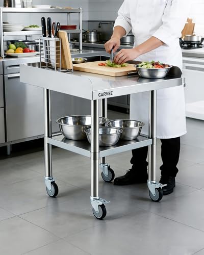 Garvee 30x30 Inch Stainless Steel Mobile Work Table with 3-Sided Backsplash, Height-Adjust Undershelf & Locking Casters (30x30x26)