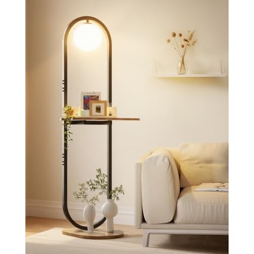 Lightdot 47-Inch Arch Floor Lamp, Modern Standing Lamp with Table, Black Metal Frame with Globe Shade, Living Room Bedroom Lighting, G9 LED Bulb Included