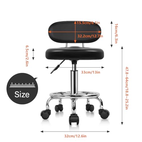 KKTONER PU Leather Modern Rolling Stool with Low Back, Height Adjustable, 360° Swivel, Footrest – Black
